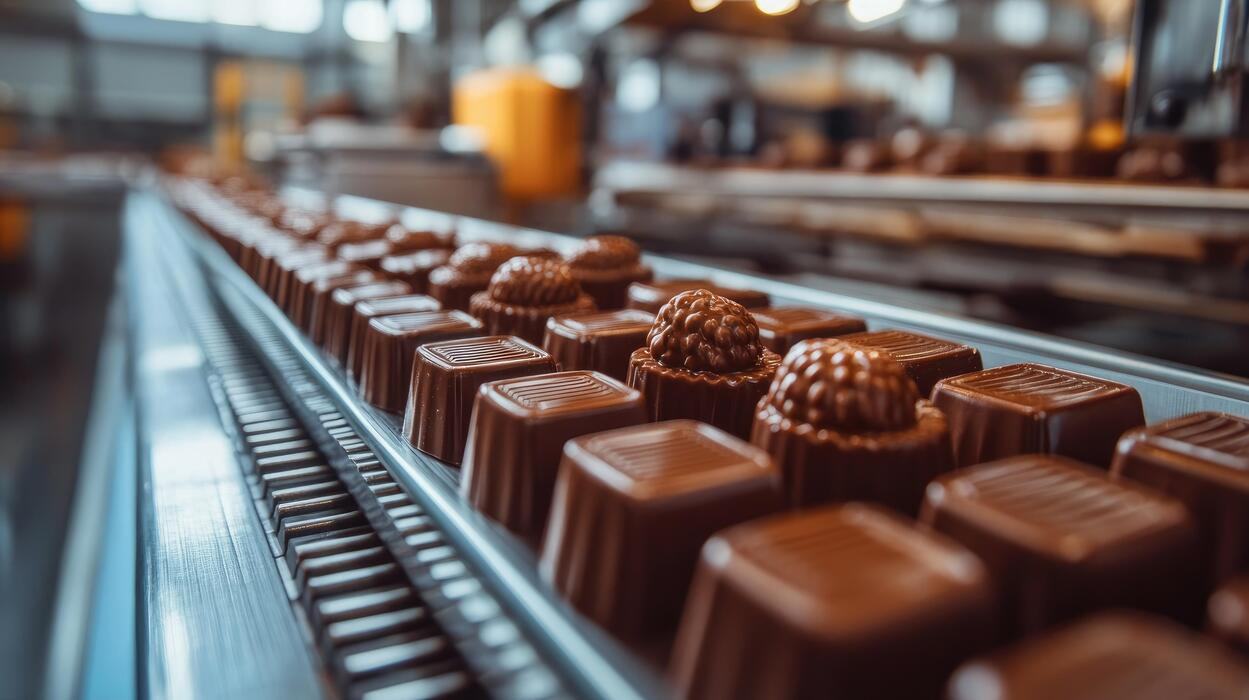 Chocolates moving along a production line inside a specialty manufacturing facility